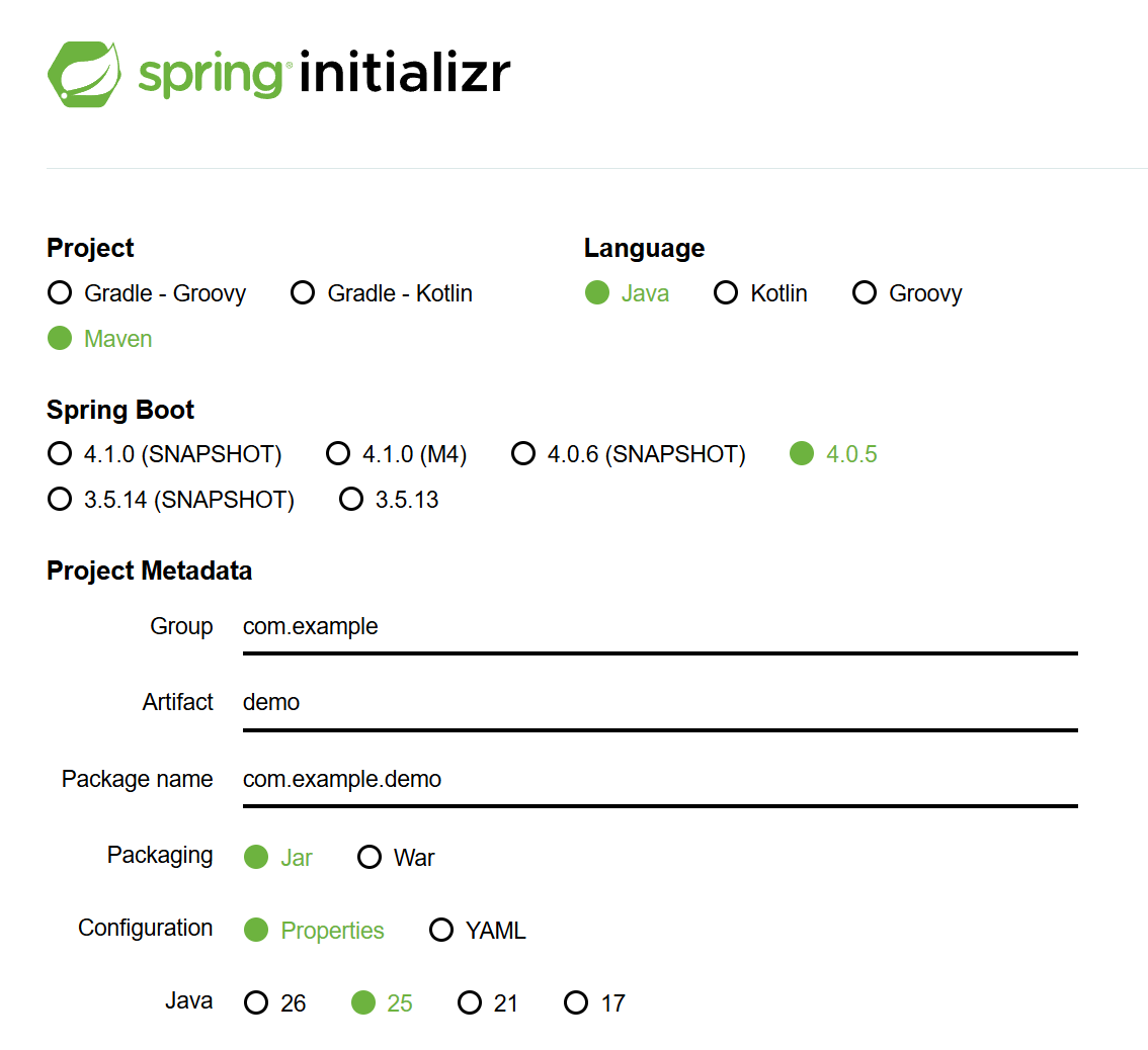 Spring Initializr の設定画面